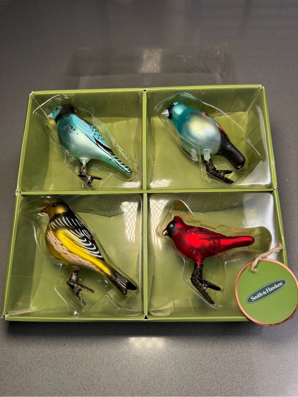 Smith & Hawken Glass Bird Christmas Ornaments Set of 4 Clip On 2007 Boxed